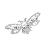SW-C-000-B00-PA53105 - Broszka srebrna z perłami i cyrkoniami - motyl - Tajemniczy Ogród