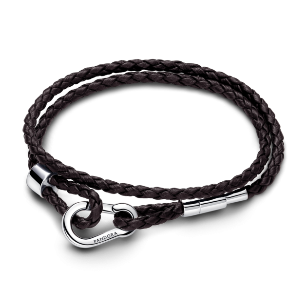 593338C01-D2 - Podwójna pleciona bransoletka Pandora Moments z brązowej skóry  593338C01-D2