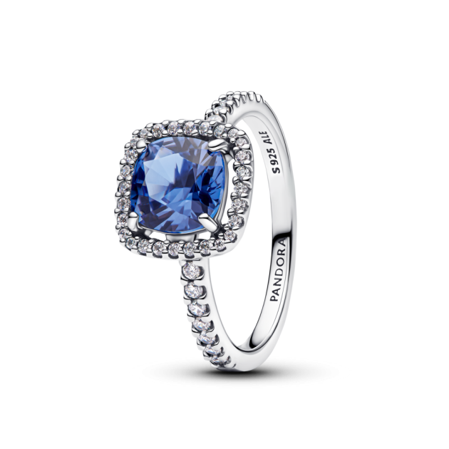 193550C01-56 - Pierścionek z niebieskim kwadratowym kamieniem w lśniącej obwódce 193550C01-56