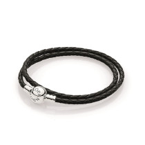 590745CBK-D1 - Podwójna pleciona bransoletka Pandora Moments z czarnej skóry 590745CBK-D1
