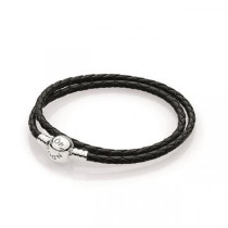 590745CBK-D2 - Podwójna pleciona bransoletka Pandora Moments z czarnej skóry 590745CBK-D2