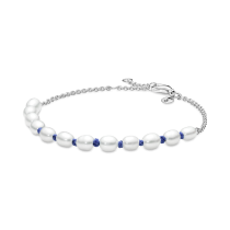 591689C01-18 - Bransoletka łańcuszkowa z hodowlaną perłą słodkowodną i niebieskim sznurkiem 591689C01-18